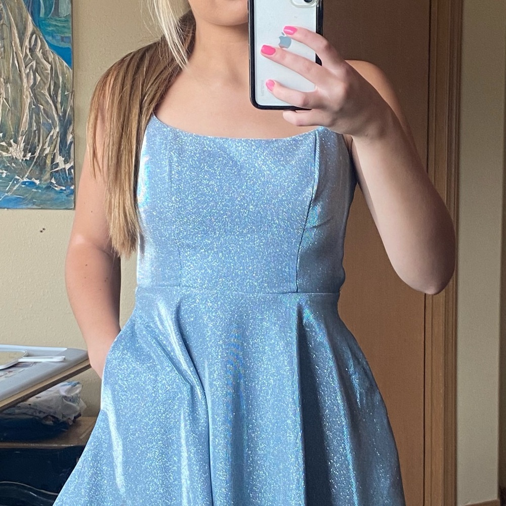 B Darlin Metallic Blue Dress